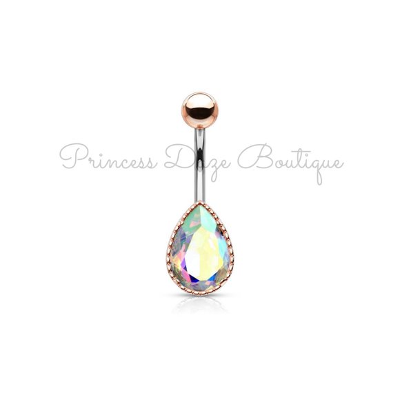 Rose Gold Aurora Borealis Tear Drop Belly Button Ring - Picture 1 of 2